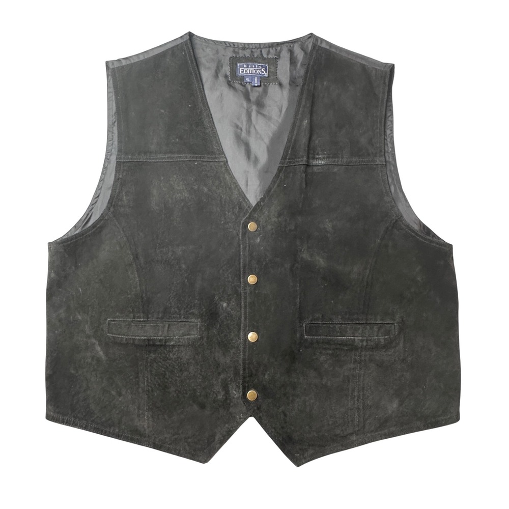 Vintage Basic Editions Vest Mens XL Black Suede Leather Biker Western Cinch Back
